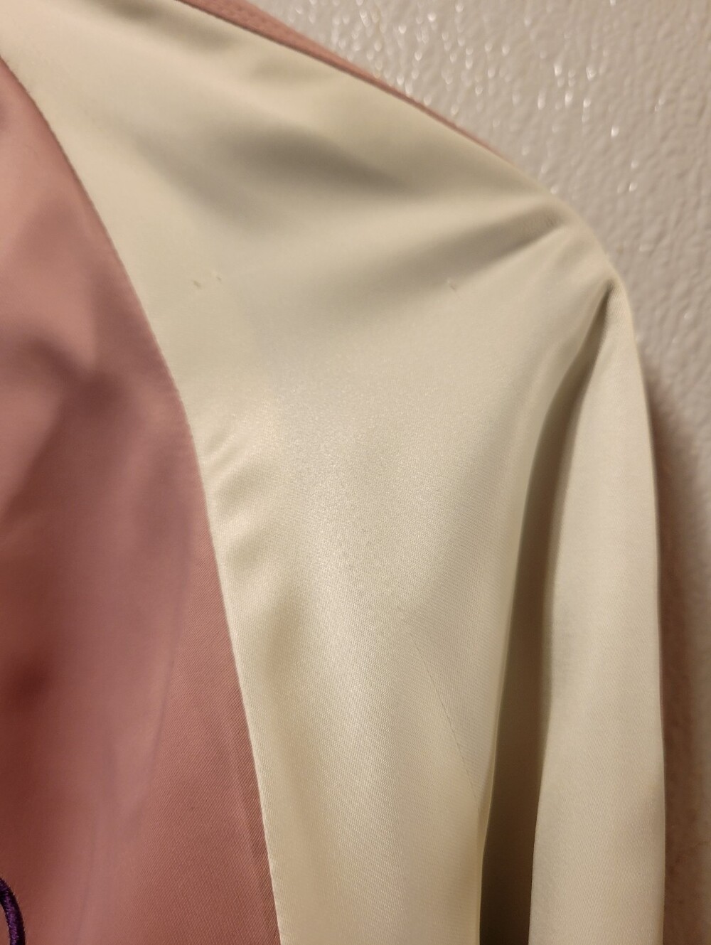 Coach Pink Satin Varsity Jacket with Cream Sleeves and Rainbow Trim - Picture 10 of 10